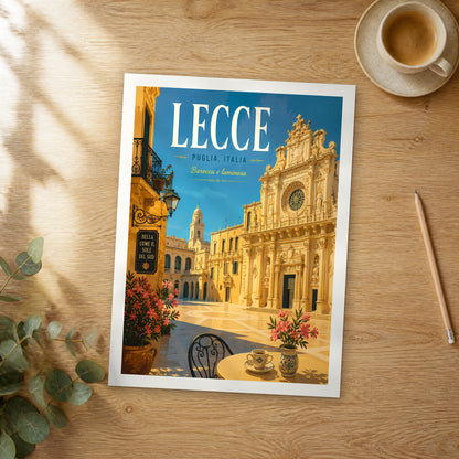 Unframed Lecce Piazza Café View retro travel poster on a wooden table