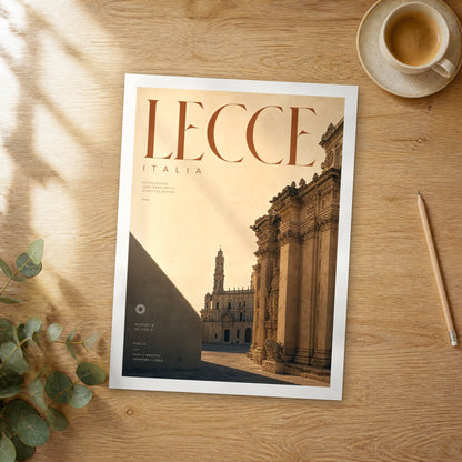 Unframed Lecce Piazza del Duomo bold typography travel poster on a wooden table
