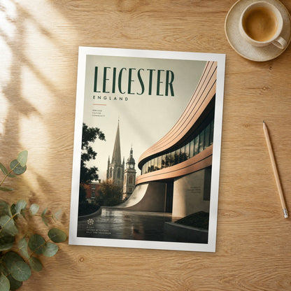 Unframed Leicester bold typography travel poster on a wooden table
