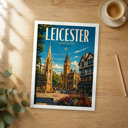 Unframed Leicester retro travel poster on a wooden table