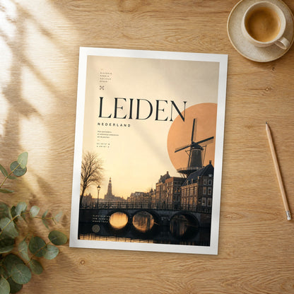 Unframed Leiden bold typography travel poster on a wooden table