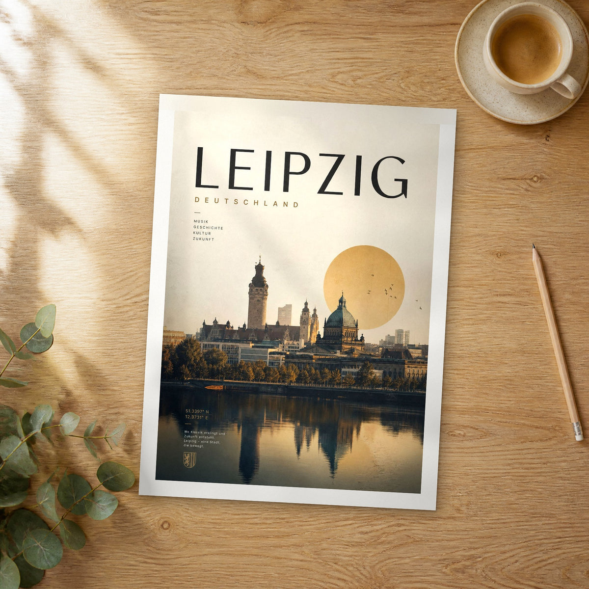 Unframed Leipzig bold typography travel poster on a wooden table