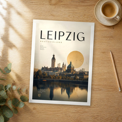 Unframed Leipzig bold typography travel poster on a wooden table