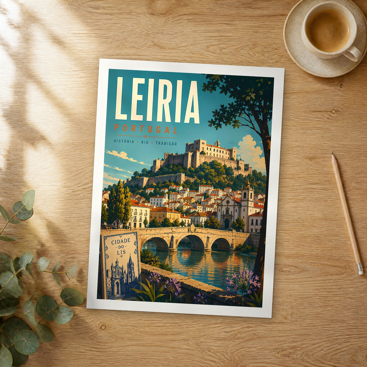 Unframed Leiria retro travel poster on a wooden table