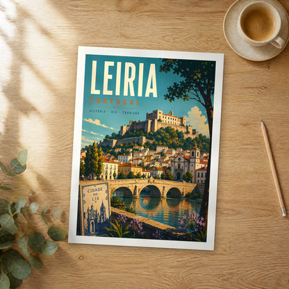 Unframed Leiria retro travel poster on a wooden table