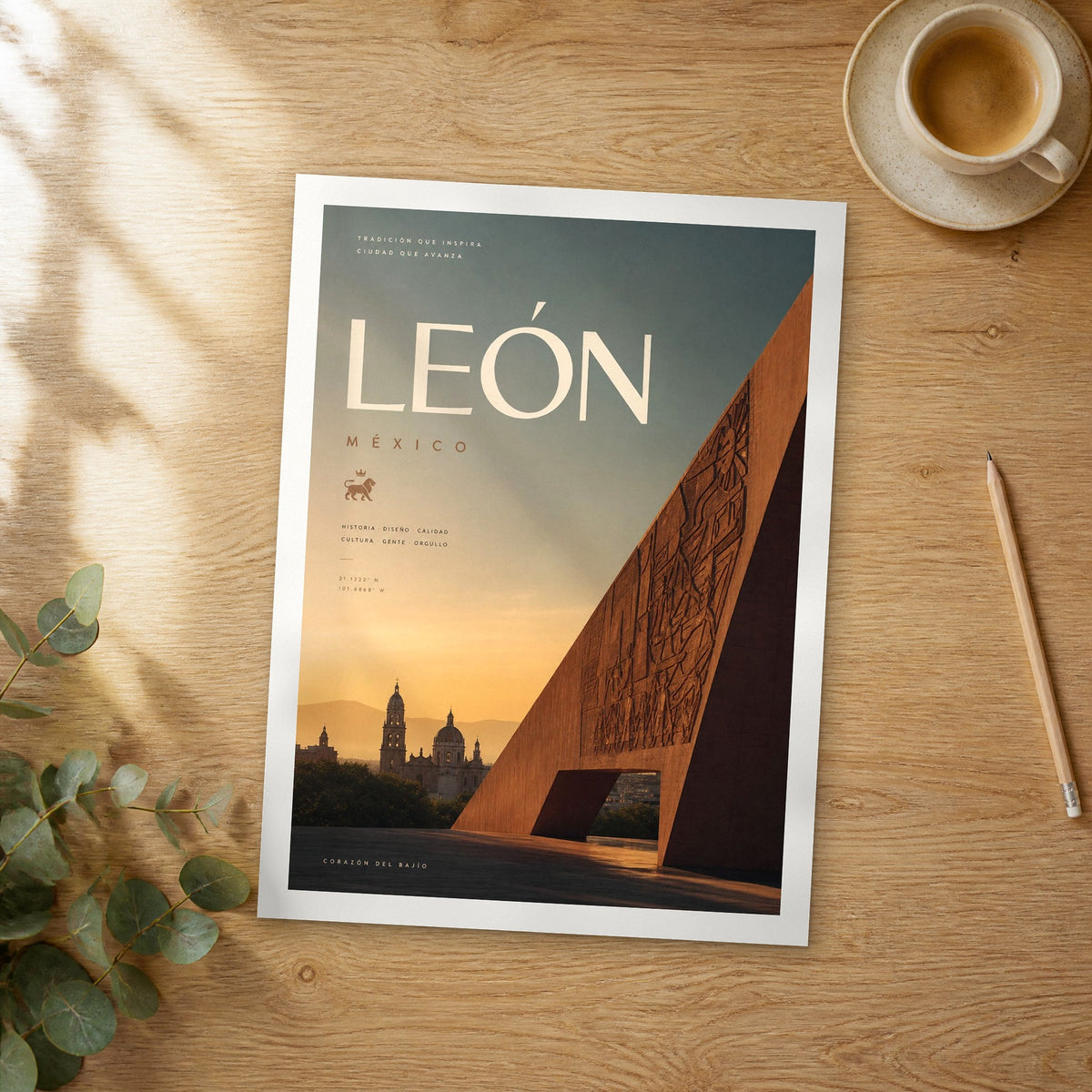 Unframed Leon bold typography travel poster on a wooden table