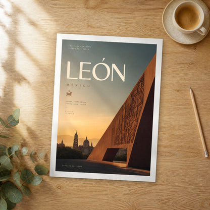Unframed Leon bold typography travel poster on a wooden table