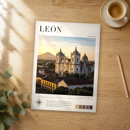 Unframed León modern photography travel poster on a wooden table