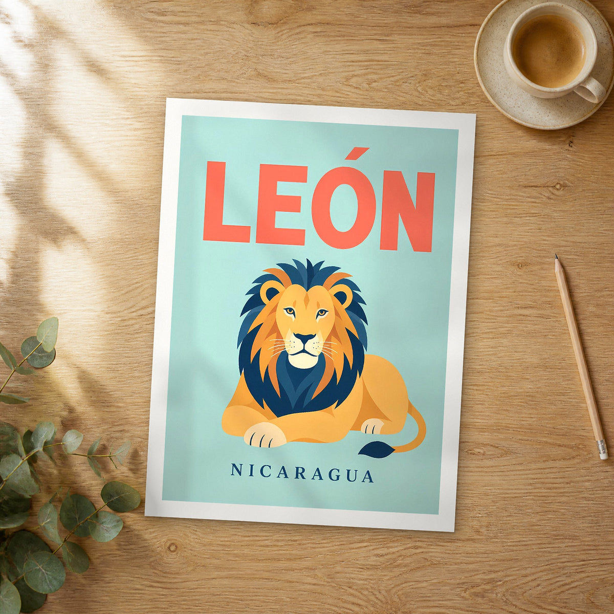 Unframed León pop art travel poster on a wooden table