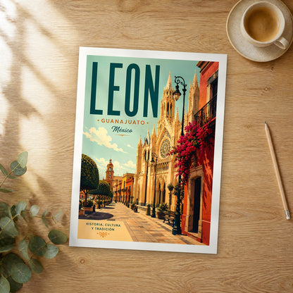 Unframed Leon retro travel poster on a wooden table