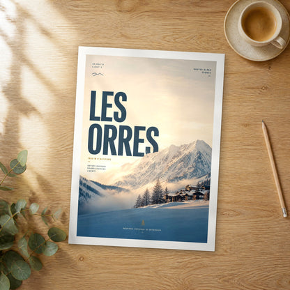 Unframed Les Orres Snowy Alpine Chalets bold typography travel poster on a wooden table