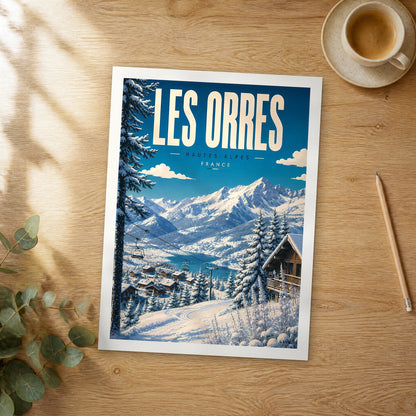 Unframed Les Orres Snowy Winter Slopes retro travel poster on a wooden table