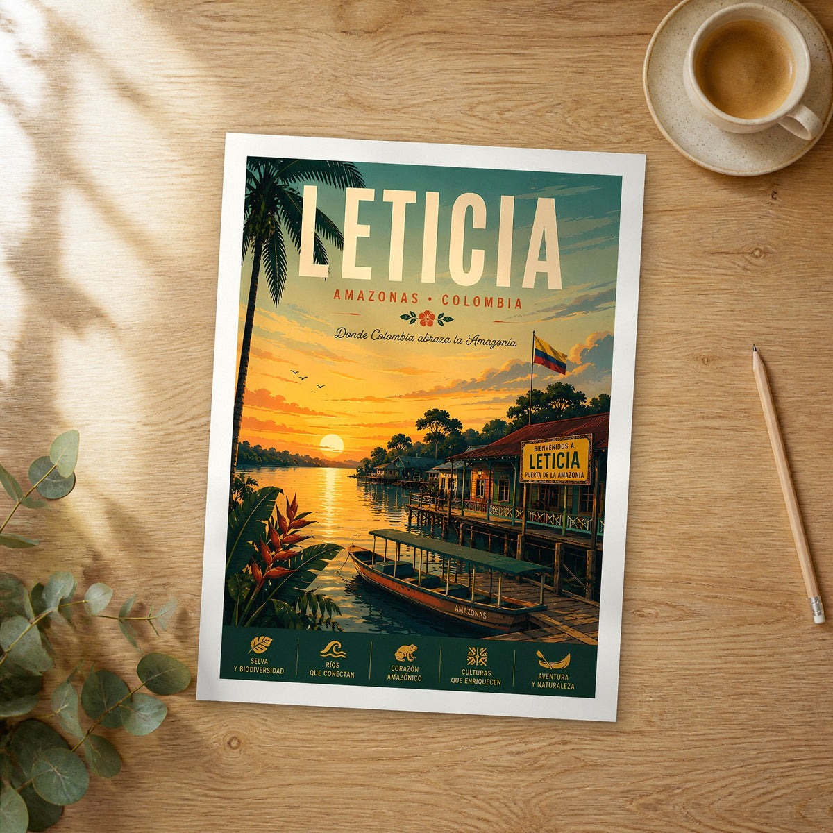 Unframed Leticia retro travel poster on a wooden table