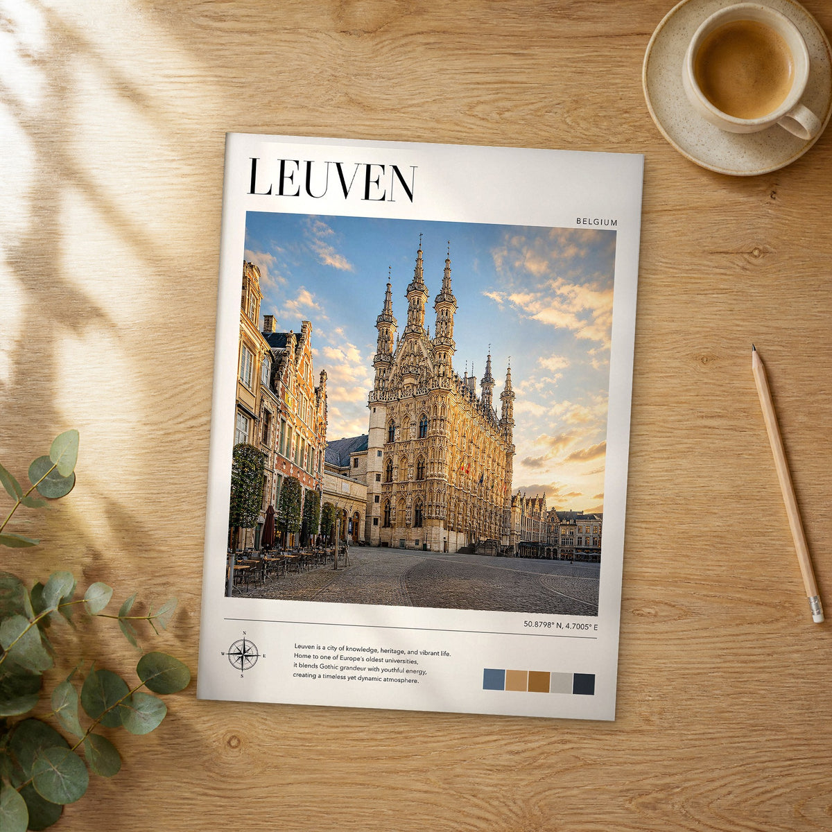Unframed Leuven modern photography travel poster on a wooden table