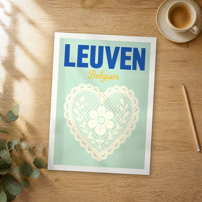 Unframed Leuven pop art travel poster on a wooden table