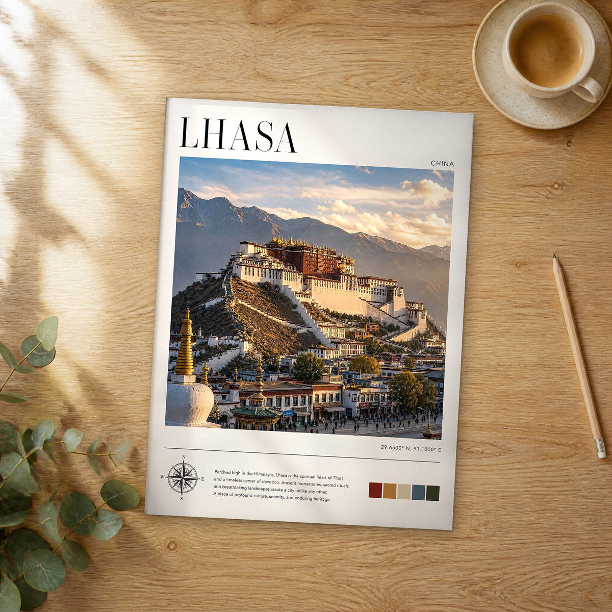 Unframed Lhasa modern photography travel poster on a wooden table