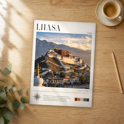 Unframed Lhasa modern photography travel poster on a wooden table