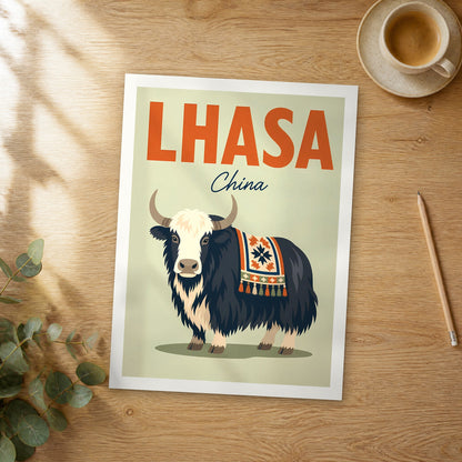 Unframed Lhasa pop art travel poster on a wooden table