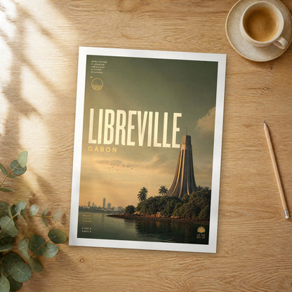 Unframed Libreville bold typography travel poster on a wooden table
