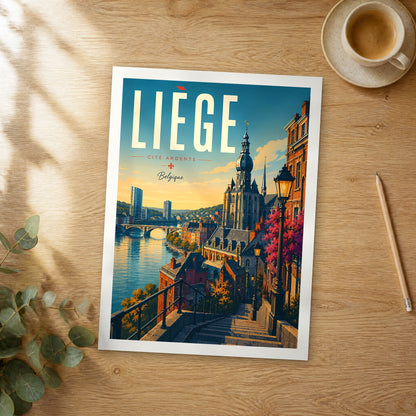 Unframed Liège retro travel poster on a wooden table