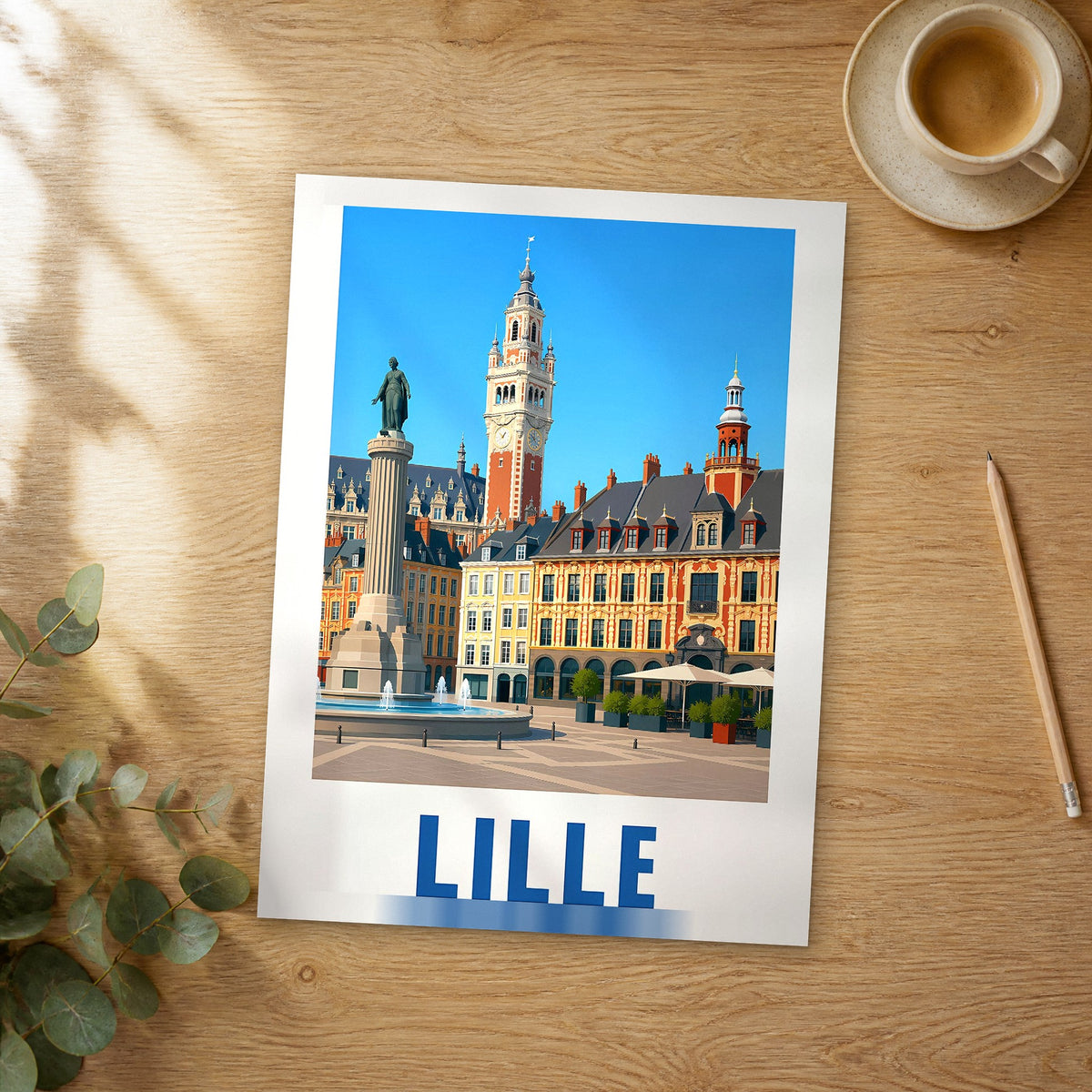 Unframed Lille modern digital travel poster on a wooden table