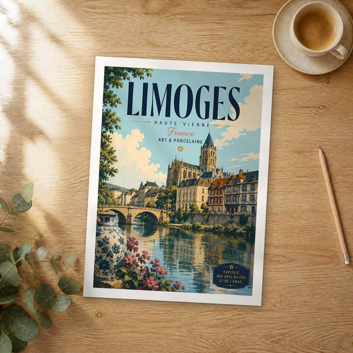 Unframed Limoges retro travel poster on a wooden table