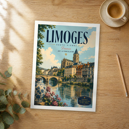 Unframed Limoges retro travel poster on a wooden table