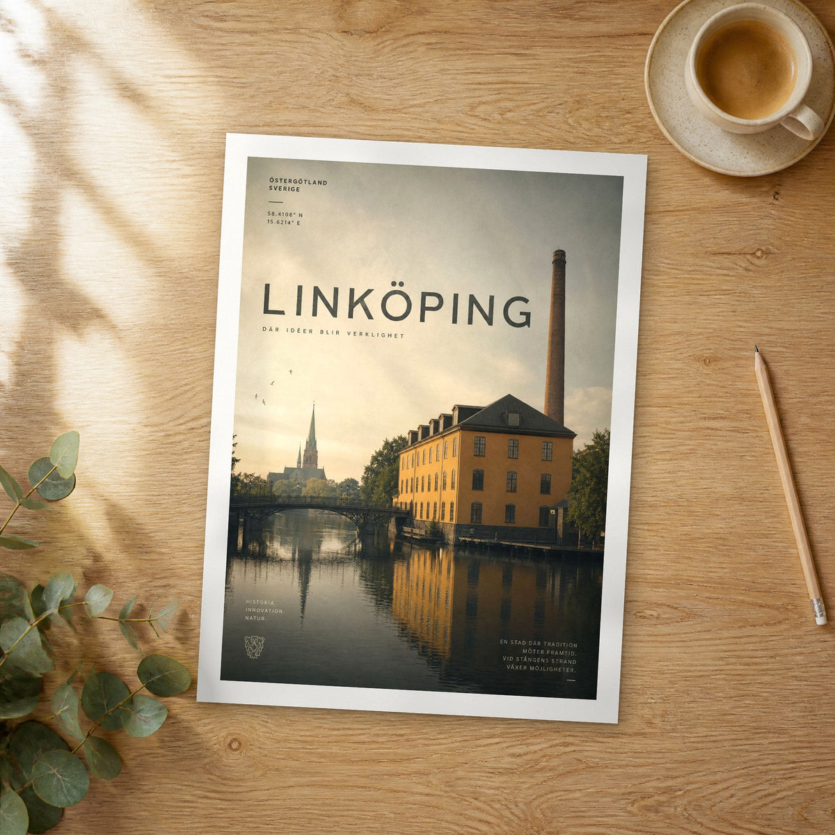 Unframed Linköping bold typography travel poster on a wooden table
