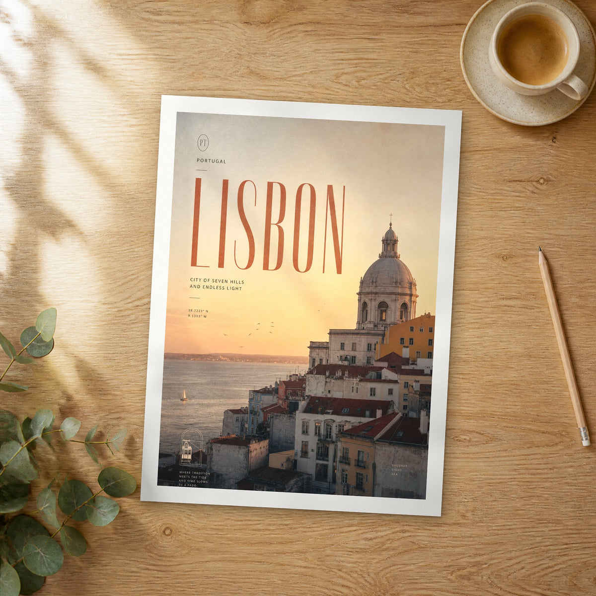 Unframed Lisbon National Pantheon at Sunset bold typography travel poster on a wooden table