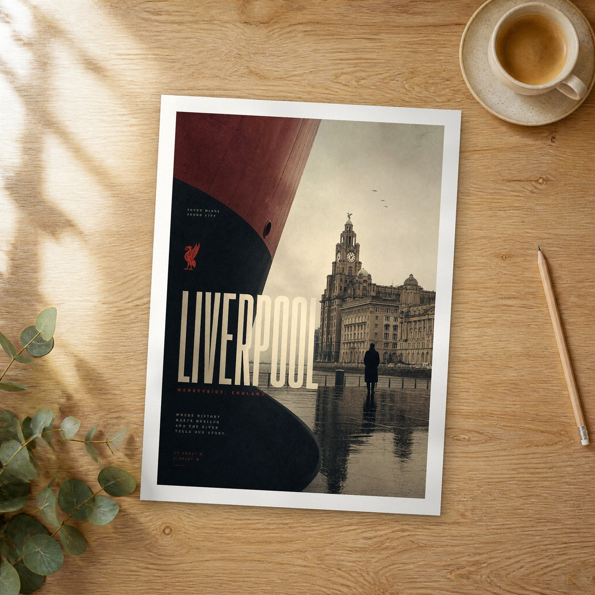 Unframed Liverpool bold typography travel poster on a wooden table