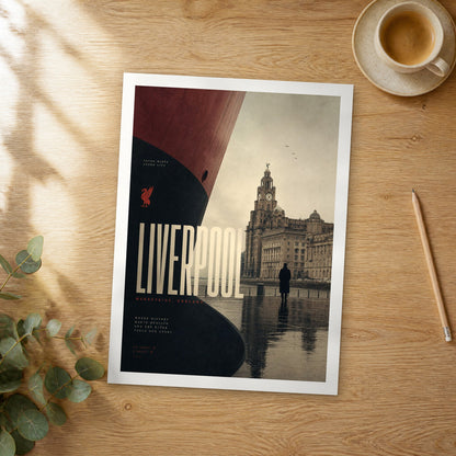 Unframed Liverpool bold typography travel poster on a wooden table