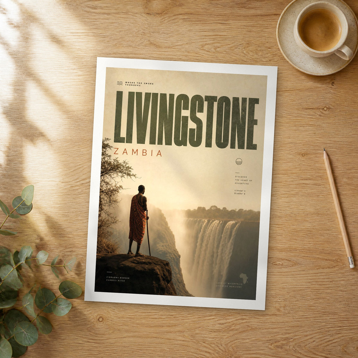 Unframed Livingstone bold typography travel poster on a wooden table