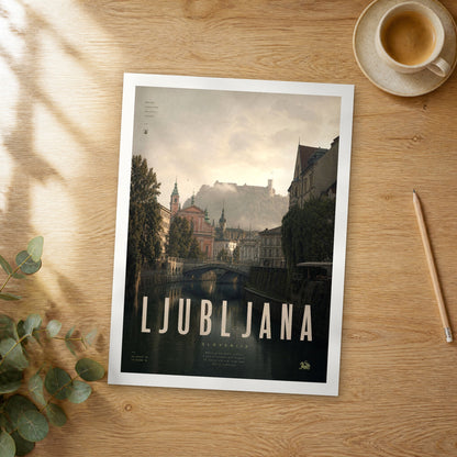 Unframed Ljubljana bold typography travel poster on a wooden table