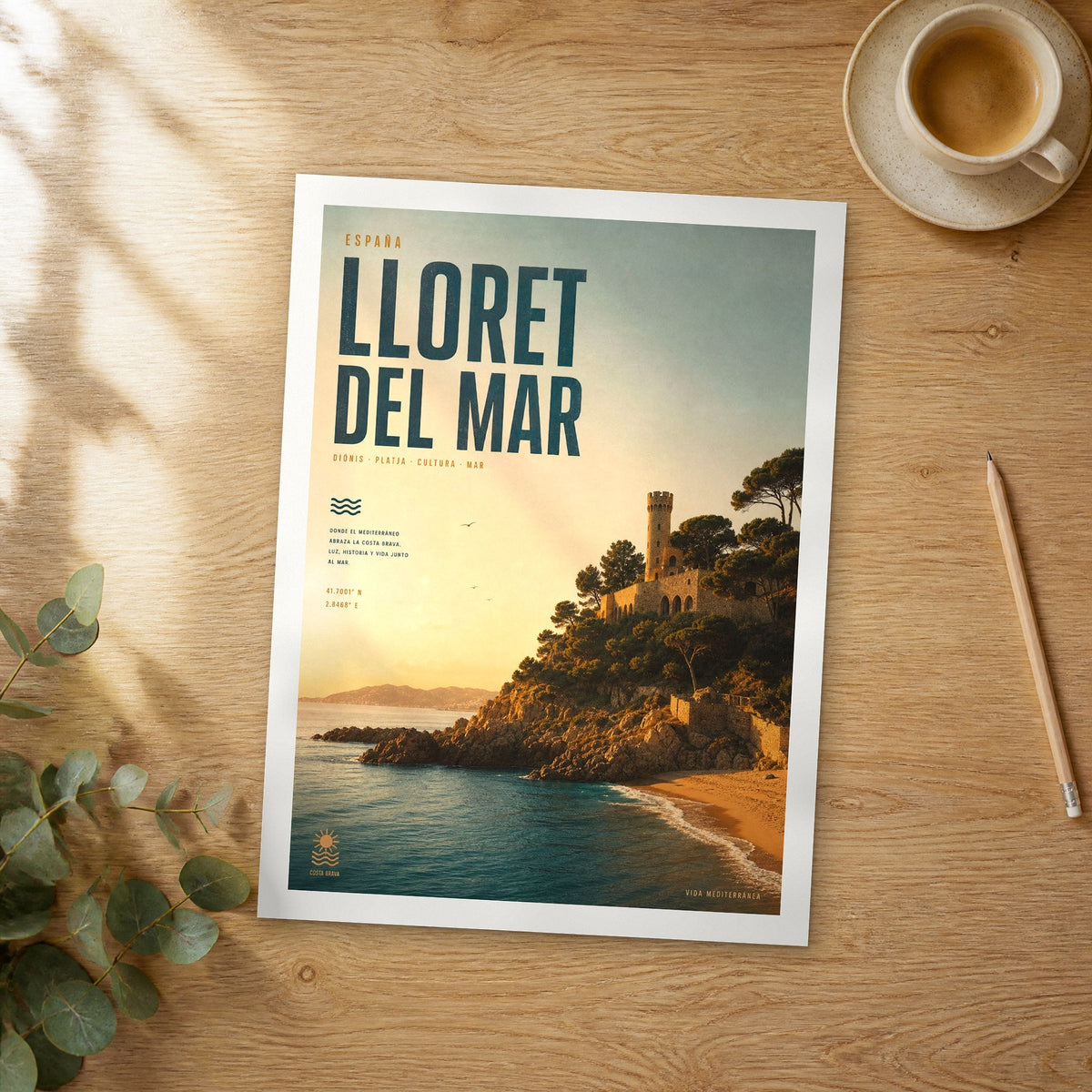 Unframed LLoret Del Mar Castell d'en Plaja Sunset bold typography travel poster on a wooden table