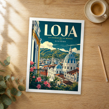 Unframed Loja retro travel poster on a wooden table