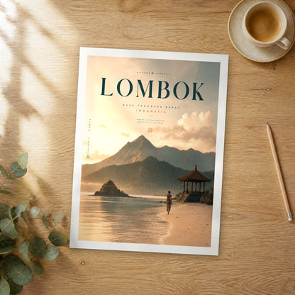 Unframed Lombok bold typography travel poster on a wooden table