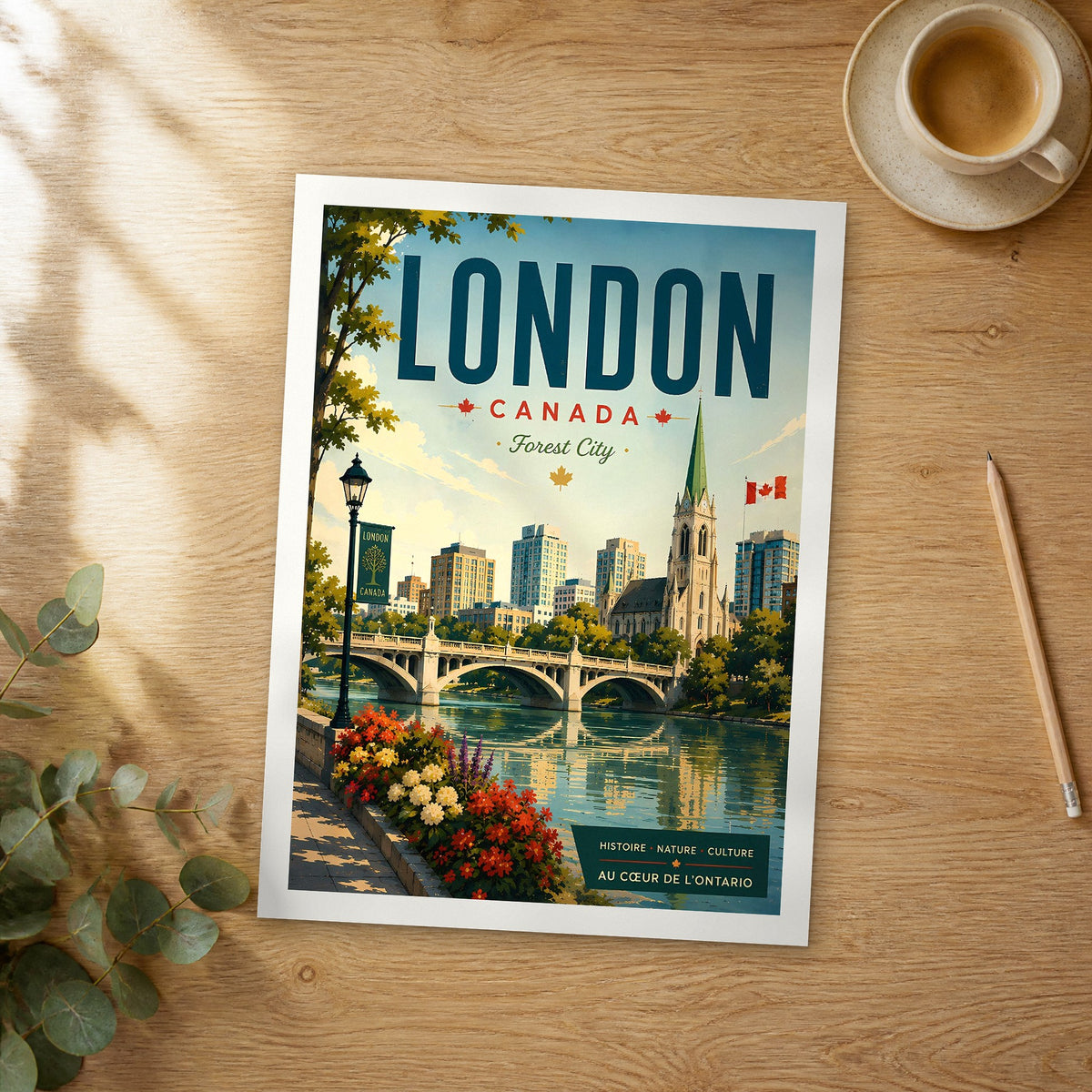 Unframed London retro travel poster on a wooden table
