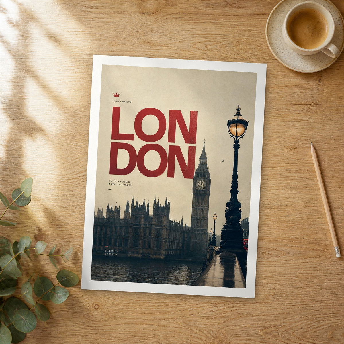 Unframed London Houses of Parliament bold typography travel poster on a wooden table