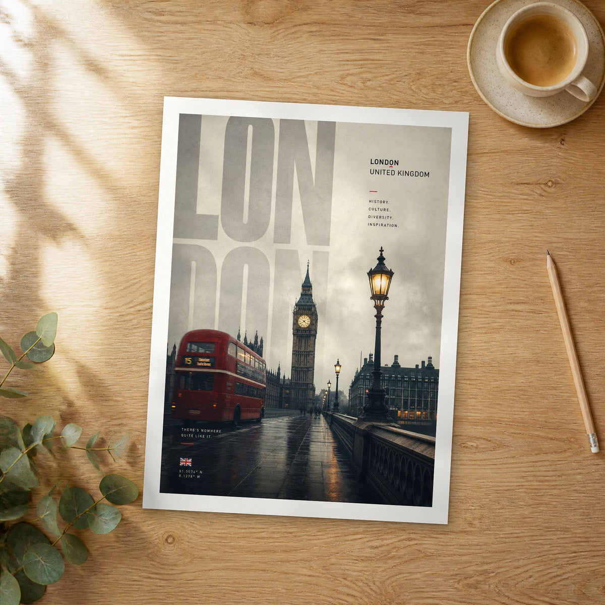 Unframed London Red Bus on Westminster Bridge bold typography travel poster on a wooden table