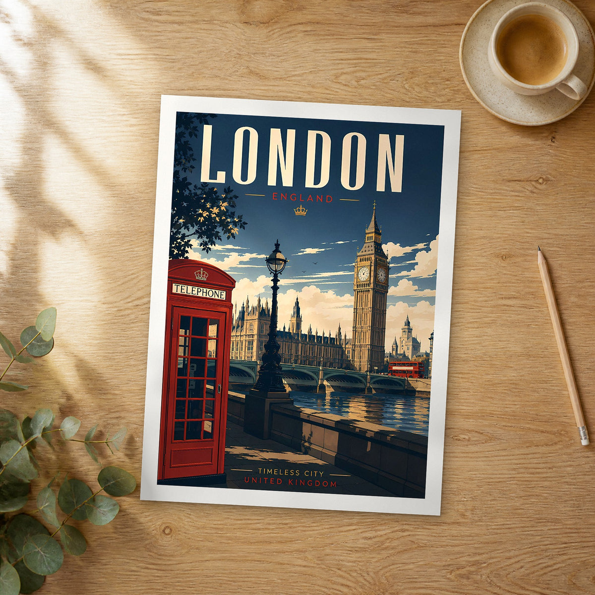 Unframed London Red Telephone Box retro travel poster on a wooden table