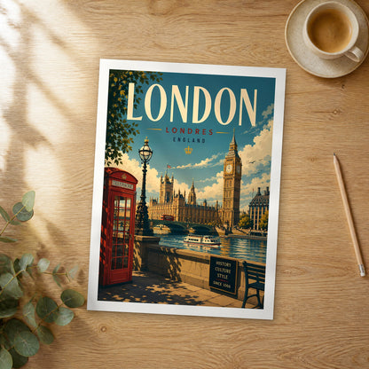 Unframed London Thames Riverside Promenade retro travel poster on a wooden table