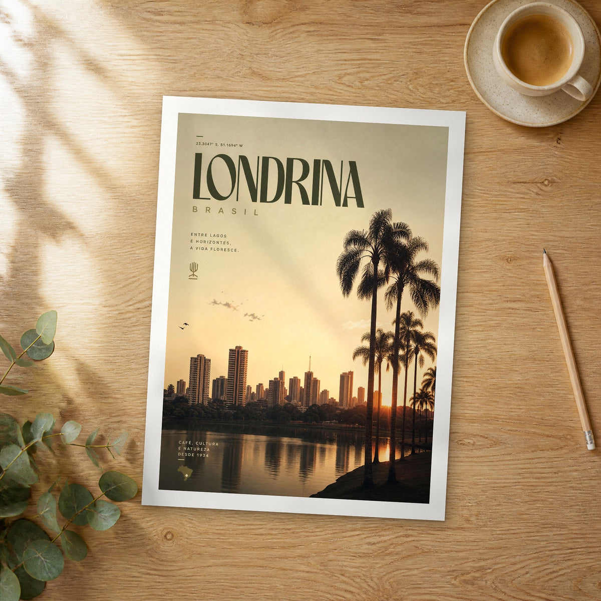 Unframed Londrina bold typography travel poster on a wooden table