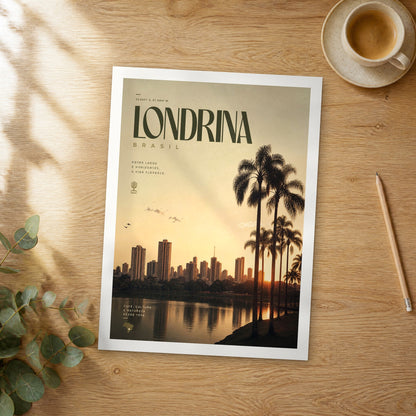 Unframed Londrina bold typography travel poster on a wooden table