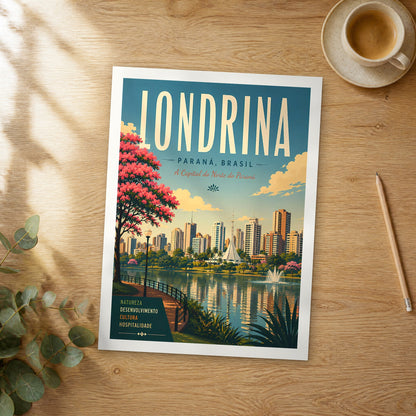 Unframed Londrina retro travel poster on a wooden table