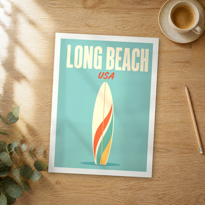 Unframed Long Beach pop art travel poster on a wooden table