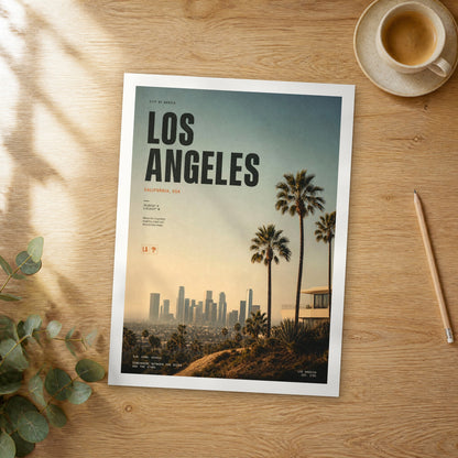 Unframed Los Angeles bold typography travel poster on a wooden table