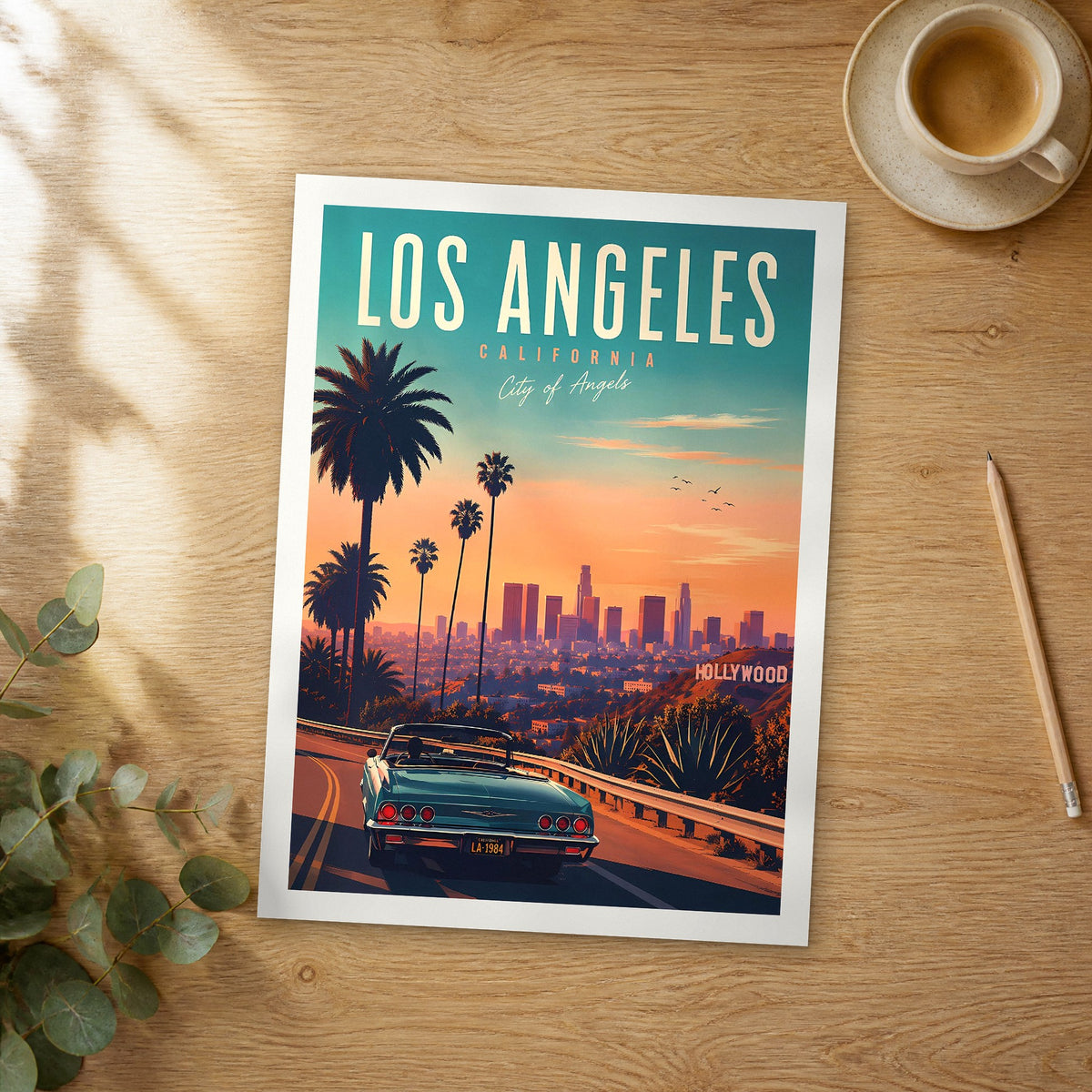 Unframed Los Angeles retro travel poster on a wooden table