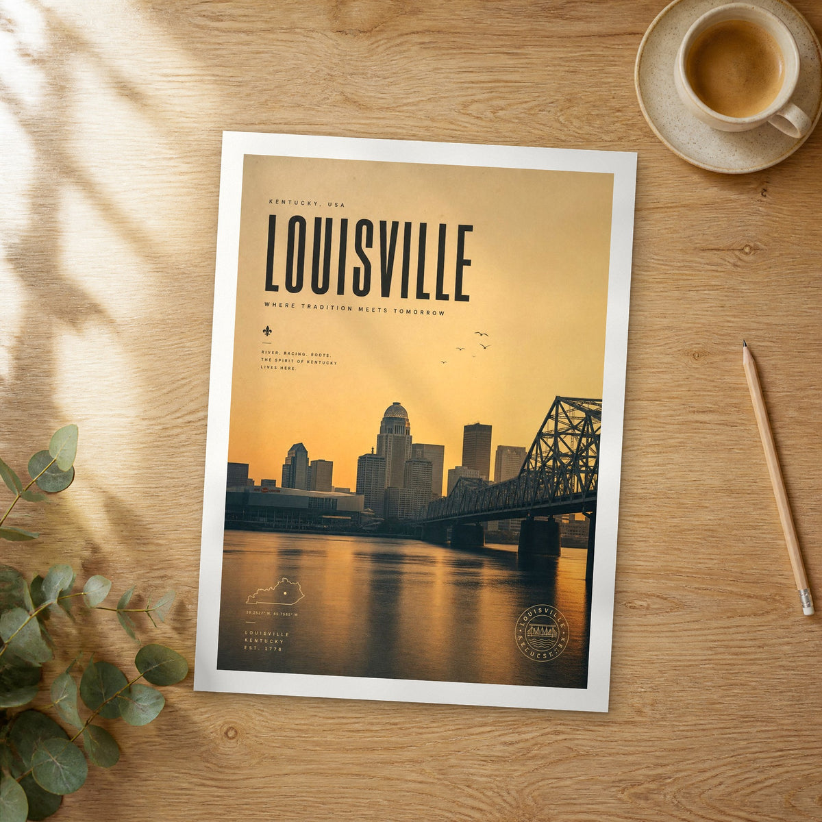 Unframed Louisville bold typography travel poster on a wooden table