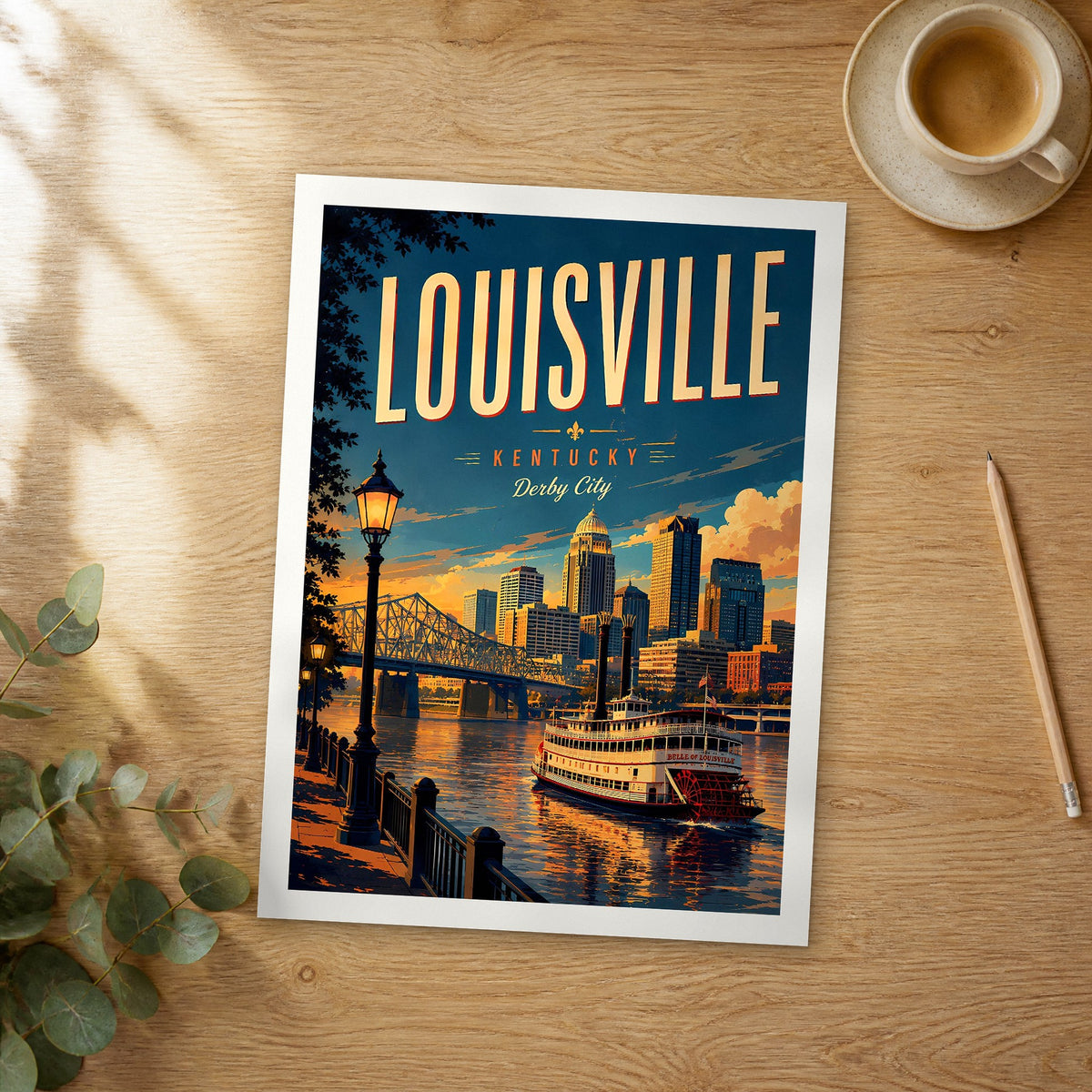 Unframed Louisville retro travel poster on a wooden table