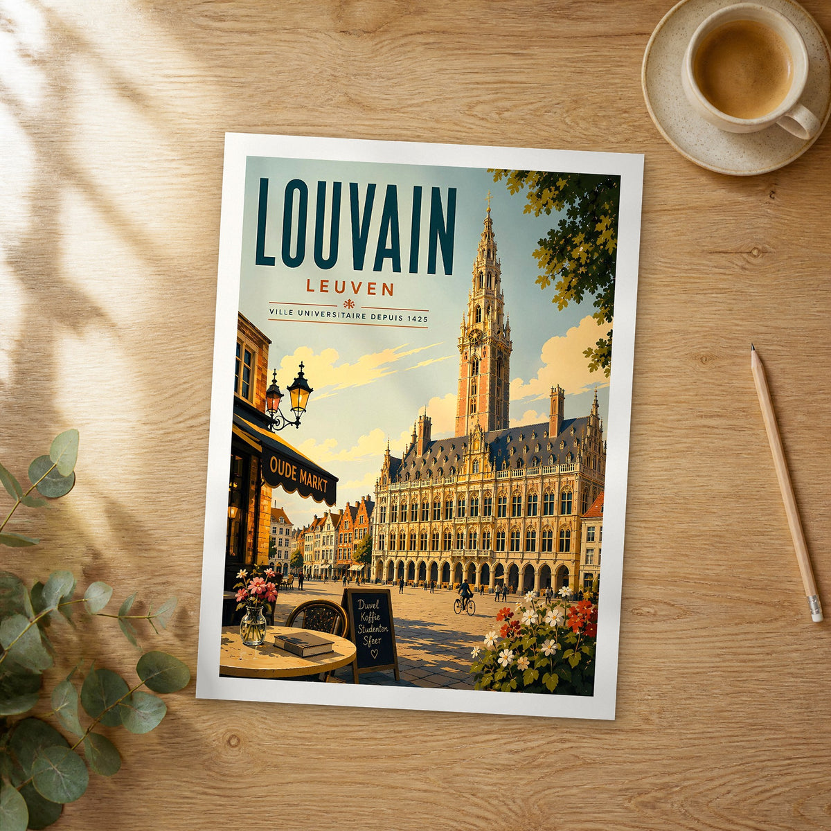 Unframed Louvain retro travel poster on a wooden table